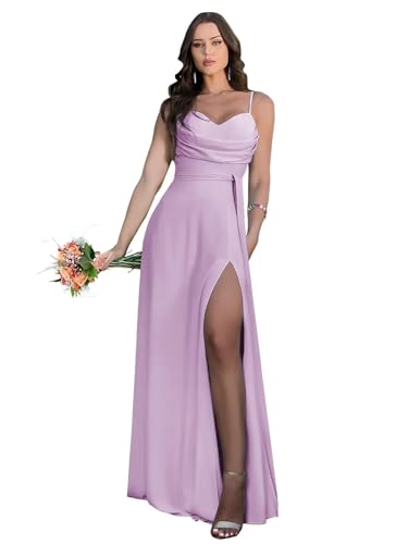 Damen Spaghetti-Träger Chiffon Brautjungfer Kleid lang mit Wasserfallausschnitt A-Linie Plissiert Ballkleider mit Schlitz Damen Spaghetti-Träger Chiffon Brautjungfer Kleid lang mit Wasserfallausschnitt A-Linie Plissiert Ballkleider mit Schlitz von Infuness