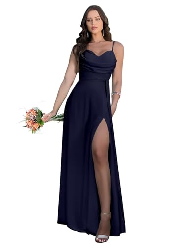 Damen Spaghetti-Träger Chiffon Brautjungfer Kleid lang mit Wasserfallausschnitt A-Linie Plissiert Ballkleider mit Schlitz Damen Spaghetti-Träger Chiffon Brautjungfer Kleid lang mit Wasserfallausschnitt A-Linie Plissiert Ballkleider mit Schlitz von Infuness