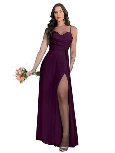 Damen Spaghetti-Träger Chiffon Brautjungfer Kleid lang mit Wasserfallausschnitt A-Linie Plissiert Ballkleider mit Schlitz Damen Spaghetti-Träger Chiffon Brautjungfer Kleid lang mit Wasserfallausschnitt A-Linie Plissiert Ballkleider mit Schlitz von Infuness