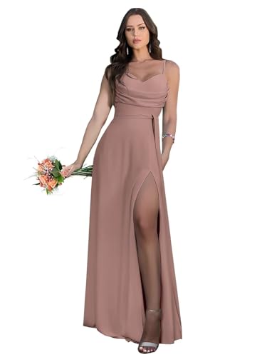 Damen Spaghetti-Träger Chiffon Brautjungfer Kleid lang mit Wasserfallausschnitt A-Linie Plissiert Ballkleider mit Schlitz von Infuness