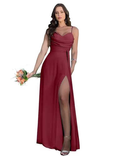 Damen Spaghetti-Träger Chiffon Brautjungfer Kleid lang mit Wasserfallausschnitt A-Linie Plissiert Ballkleider mit Schlitz Damen Spaghetti-Träger Chiffon Brautjungfer Kleid lang mit Wasserfallausschnitt A-Linie Plissiert Ballkleider mit Schlitz von Infuness