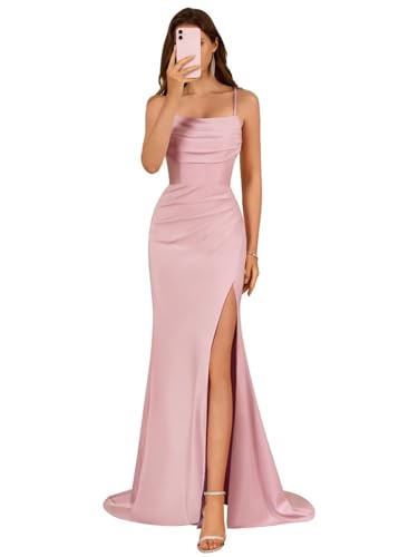 Damen Spaghettiträger Satin Brautjungfernkleider Lange Elegant Ballkleider A-Linie Formelles Abendkleid mit Schlitz von Infuness