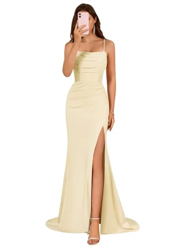 Damen Spaghettiträger Satin Brautjungfernkleider Lange Elegant Ballkleider A-Linie Formelles Abendkleid mit Schlitz von Infuness