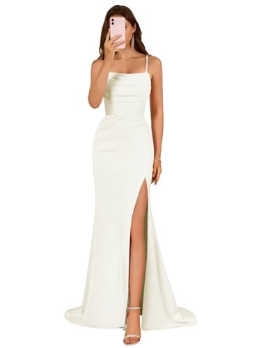 Damen Spaghettiträger Satin Brautjungfernkleider Lange Elegant Ballkleider A-Linie Formelles Abendkleid mit Schlitz von Infuness