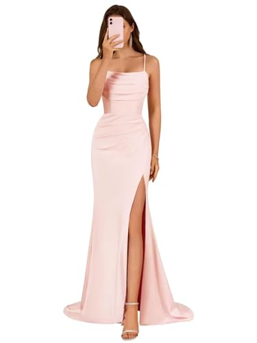 Damen Spaghettiträger Satin Brautjungfernkleider Lange Elegant Ballkleider A-Linie Formelles Abendkleid mit Schlitz von Infuness