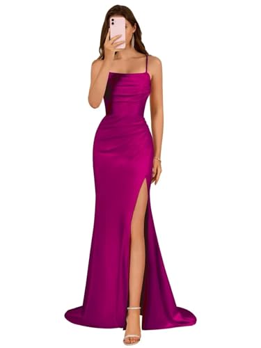 Damen Spaghettiträger Satin Brautjungfernkleider Lange Elegant Ballkleider A-Linie Formelles Abendkleid mit Schlitz von Infuness