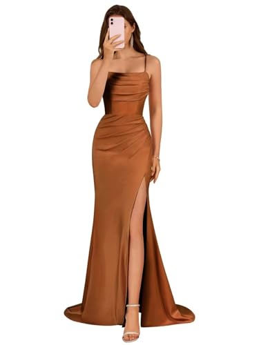 Damen Spaghettiträger Satin Brautjungfernkleider Lange Elegant Ballkleider A-Linie Formelles Abendkleid mit Schlitz Damen Spaghettiträger Satin Brautjungfernkleider Lange Elegant Ballkleider A-Linie Formelles Abendkleid mit Schlitz von Infuness