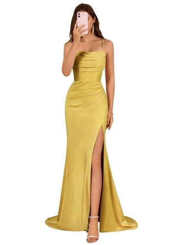 Damen Spaghettiträger Satin Brautjungfernkleider Lange Elegant Ballkleider A-Linie Formelles Abendkleid mit Schlitz von Infuness