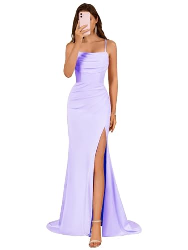 Damen Spaghettiträger Satin Brautjungfernkleider Lange Elegant Ballkleider A-Linie Formelles Abendkleid mit Schlitz von Infuness