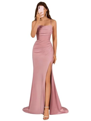 Damen Spaghettiträger Satin Brautjungfernkleider Lange Elegant Ballkleider A-Linie Formelles Abendkleid mit Schlitz von Infuness