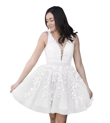 Damen Spitze Applique kurzes Ballkleid V-Ausschnitt Tüll Homecoming Kleider A-Linie Cocktail-Abendkleid für Teens von Infuness