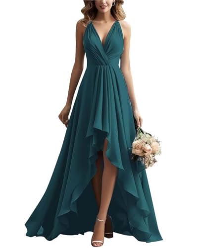 Damen V-Ausschnitt Brautjungfernkleid Chiffon Rüschen Lang Hoher Schlitz Plissiert A-Linie Abendkleid von Infuness