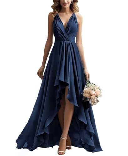 Damen V-Ausschnitt Brautjungfernkleid Chiffon Rüschen Lang Hoher Schlitz Plissiert A-Linie Abendkleid von Infuness