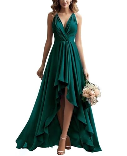 Damen V-Ausschnitt Brautjungfernkleid Chiffon Rüschen Lang Hoher Schlitz Plissiert A-Linie Abendkleid Damen V-Ausschnitt Brautjungfernkleid Chiffon Rüschen Lang Hoher Schlitz Plissiert A-Linie Abendkleid von Infuness
