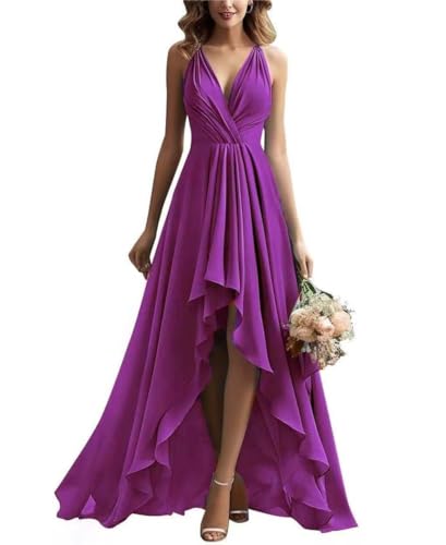 Damen V-Ausschnitt Brautjungfernkleid Chiffon Rüschen Lang Hoher Schlitz Plissiert A-Linie Abendkleid von Infuness
