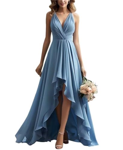 Damen V-Ausschnitt Brautjungfernkleid Chiffon Rüschen Lang Hoher Schlitz Plissiert A-Linie Abendkleid Damen V-Ausschnitt Brautjungfernkleid Chiffon Rüschen Lang Hoher Schlitz Plissiert A-Linie Abendkleid von Infuness