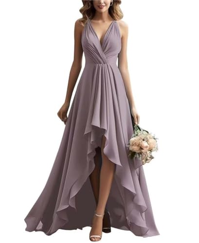 Damen V-Ausschnitt Brautjungfernkleid Chiffon Rüschen Lang Hoher Schlitz Plissiert A-Linie Abendkleid Damen V-Ausschnitt Brautjungfernkleid Chiffon Rüschen Lang Hoher Schlitz Plissiert A-Linie Abendkleid von Infuness
