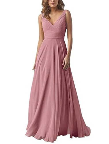Damen V-Ausschnitt Chiffon Brautjungfernkleider A-Linie Lang Hochzeit Ballkleider Elegant Abendkleid von Infuness