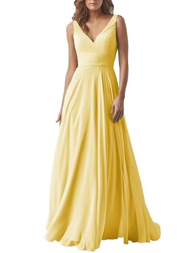 Damen V-Ausschnitt Chiffon Brautjungfernkleider A-Linie Lang Hochzeit Ballkleider Elegant Abendkleid von Infuness