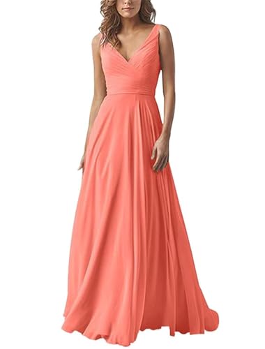 Damen V-Ausschnitt Chiffon Brautjungfernkleider A-Linie Lang Hochzeit Ballkleider Elegant Abendkleid von Infuness