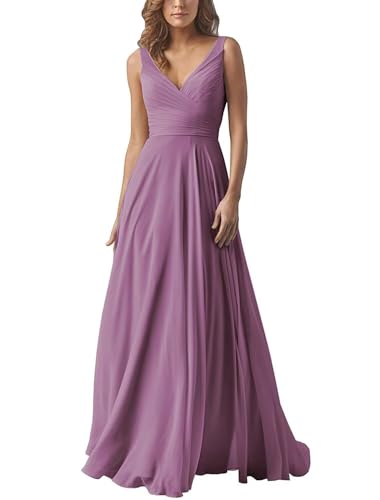 Damen V-Ausschnitt Chiffon Brautjungfernkleider A-Linie Lang Hochzeit Ballkleider Elegant Abendkleid von Infuness