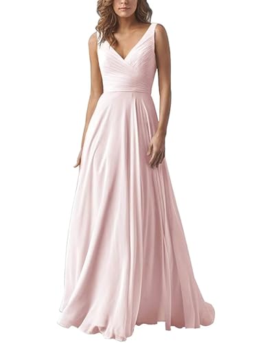 Damen V-Ausschnitt Chiffon Brautjungfernkleider A-Linie Lang Hochzeit Ballkleider Elegant Abendkleid von Infuness