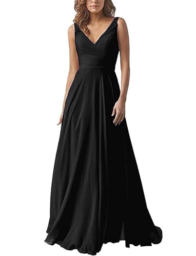 Damen V-Ausschnitt Chiffon Brautjungfernkleider A-Linie Lang Hochzeit Ballkleider Elegant Abendkleid von Infuness