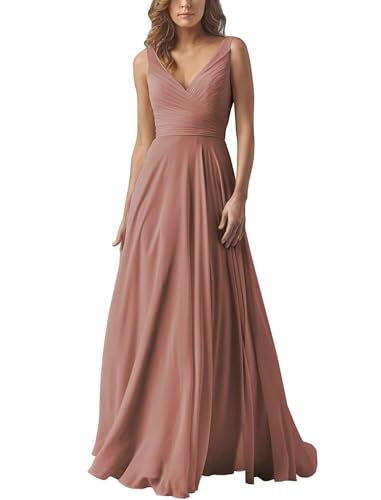 Damen V-Ausschnitt Chiffon Brautjungfernkleider A-Linie Lang Hochzeit Ballkleider Elegant Abendkleid von Infuness