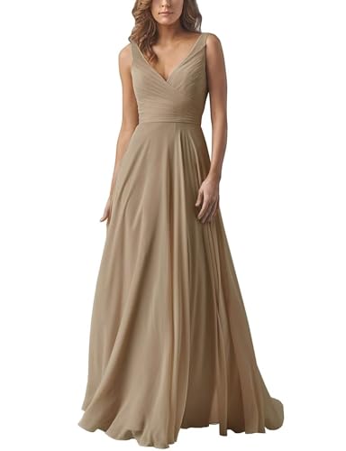 Damen V-Ausschnitt Chiffon Brautjungfernkleider A-Linie Lang Hochzeit Ballkleider Elegant Abendkleid von Infuness