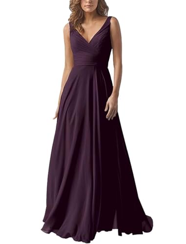 Damen V-Ausschnitt Chiffon Brautjungfernkleider A-Linie Lang Hochzeit Ballkleider Elegant Abendkleid von Infuness