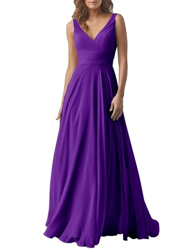 Damen V-Ausschnitt Chiffon Brautjungfernkleider A-Linie Lang Hochzeit Ballkleider Elegant Abendkleid von Infuness