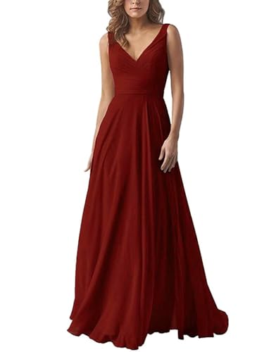 Damen V-Ausschnitt Chiffon Brautjungfernkleider A-Linie Lang Hochzeit Ballkleider Elegant Abendkleid von Infuness