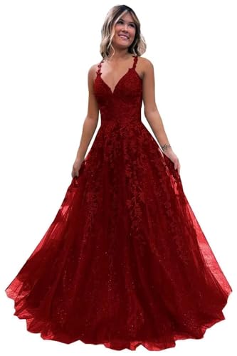 Damen V-Ausschnitt Tüll Abendkleider Applikationen Spitze Lange A Linie Spaghettiträger Ballkleid Quinceanera Kleider für Teens von Infuness
