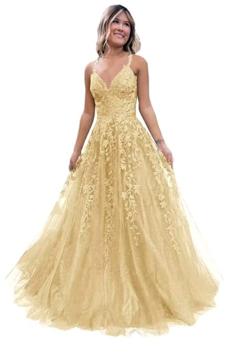 Damen V-Ausschnitt Tüll Abendkleider Applikationen Spitze Lange A Linie Spaghettiträger Ballkleid Quinceanera Kleider für Teens von Infuness