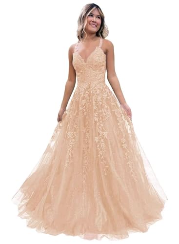 Damen V-Ausschnitt Tüll Abendkleider Applikationen Spitze Lange A Linie Spaghettiträger Ballkleid Quinceanera Kleider für Teens Damen V-Ausschnitt Tüll Abendkleider Applikationen Spitze Lange A Linie Spaghettiträger Ballkleid Quinceanera Kleider für Teens von Infuness
