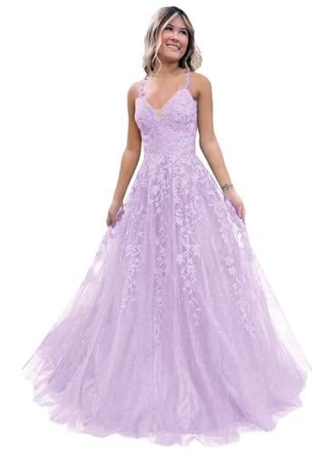 Damen V-Ausschnitt Tüll Abendkleider Applikationen Spitze Lange A Linie Spaghettiträger Ballkleid Quinceanera Kleider für Teens von Infuness