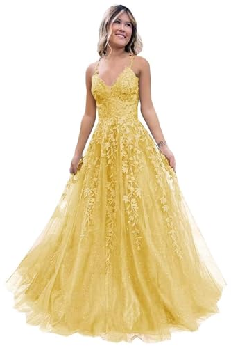 Damen V-Ausschnitt Tüll Abendkleider Applikationen Spitze Lange A Linie Spaghettiträger Ballkleid Quinceanera Kleider für Teens von Infuness