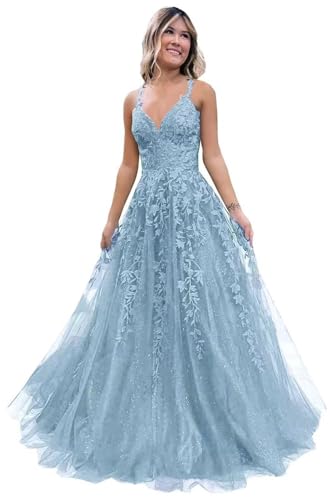 Damen V-Ausschnitt Tüll Abendkleider Applikationen Spitze Lange A Linie Spaghettiträger Ballkleid Quinceanera Kleider für Teens von Infuness