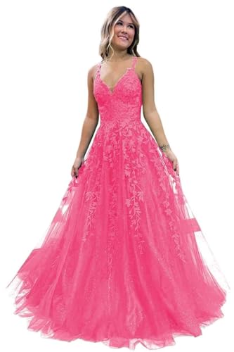 Damen V-Ausschnitt Tüll Abendkleider Applikationen Spitze Lange A Linie Spaghettiträger Ballkleid Quinceanera Kleider für Teens von Infuness