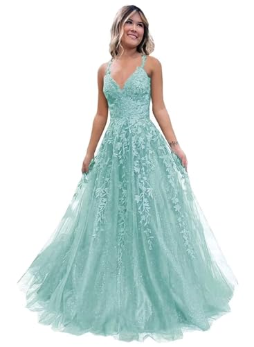 Damen V-Ausschnitt Tüll Abendkleider Applikationen Spitze Lange A Linie Spaghettiträger Ballkleid Quinceanera Kleider für Teens von Infuness