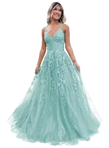 Damen V-Ausschnitt Tüll Abendkleider Applikationen Spitze Lange A Linie Spaghettiträger Ballkleid Quinceanera Kleider für Teens von Infuness
