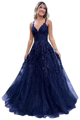 Damen V-Ausschnitt Tüll Abendkleider Applikationen Spitze Lange A Linie Spaghettiträger Ballkleid Quinceanera Kleider für Teens von Infuness