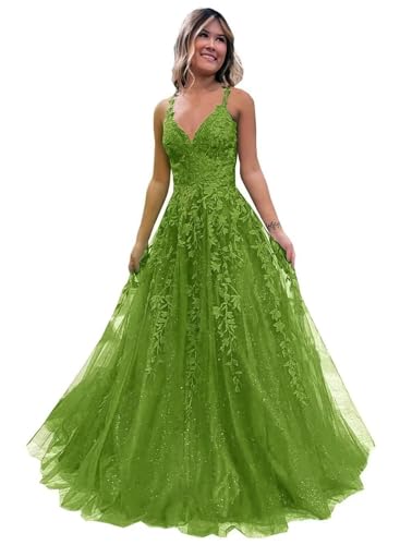 Damen V-Ausschnitt Tüll Abendkleider Applikationen Spitze Lange A Linie Spaghettiträger Ballkleid Quinceanera Kleider für Teens von Infuness