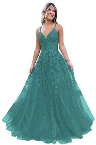 Damen V-Ausschnitt Tüll Abendkleider Applikationen Spitze Lange A Linie Spaghettiträger Ballkleid Quinceanera Kleider für Teens von Infuness