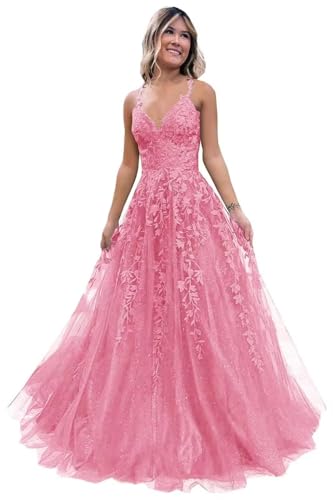 Damen V-Ausschnitt Tüll Abendkleider Applikationen Spitze Lange A Linie Spaghettiträger Ballkleid Quinceanera Kleider für Teens von Infuness