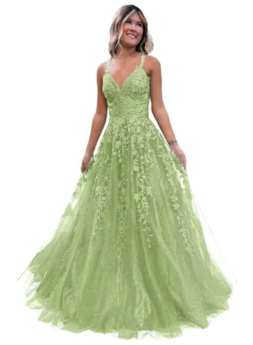Damen V-Ausschnitt Tüll Abendkleider Applikationen Spitze Lange A Linie Spaghettiträger Ballkleid Quinceanera Kleider für Teens von Infuness