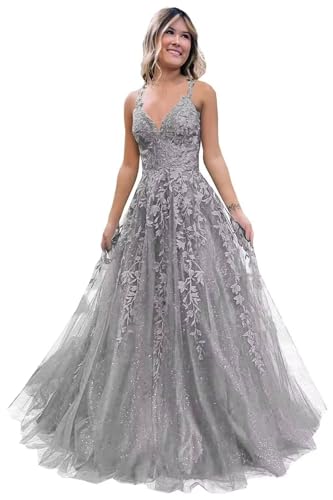 Damen V-Ausschnitt Tüll Abendkleider Applikationen Spitze Lange A Linie Spaghettiträger Ballkleid Quinceanera Kleider für Teens von Infuness