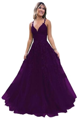 Damen V-Ausschnitt Tüll Abendkleider Applikationen Spitze Lange A Linie Spaghettiträger Ballkleid Quinceanera Kleider für Teens von Infuness