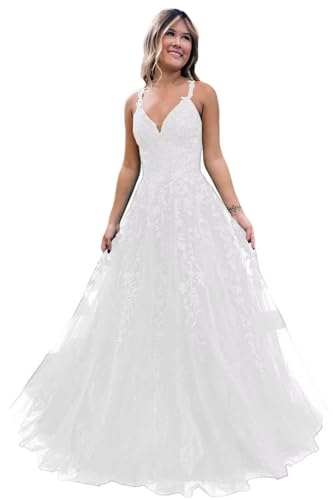 Damen V-Ausschnitt Tüll Abendkleider Applikationen Spitze Lange A Linie Spaghettiträger Ballkleid Quinceanera Kleider für Teens von Infuness