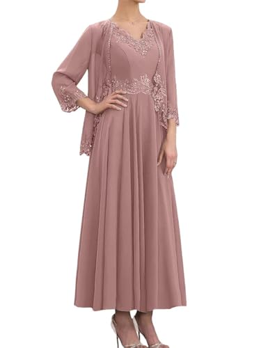 Infuness 2 Stück Chiffon Brautmutterkleider mit Jacke Lang Spitze formelles Abendkleid Damen Hochzeitsgästekleid von Infuness